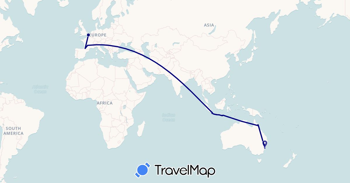 TravelMap itinerary: driving in Australia, France, Indonesia (Asia, Europe, Oceania)